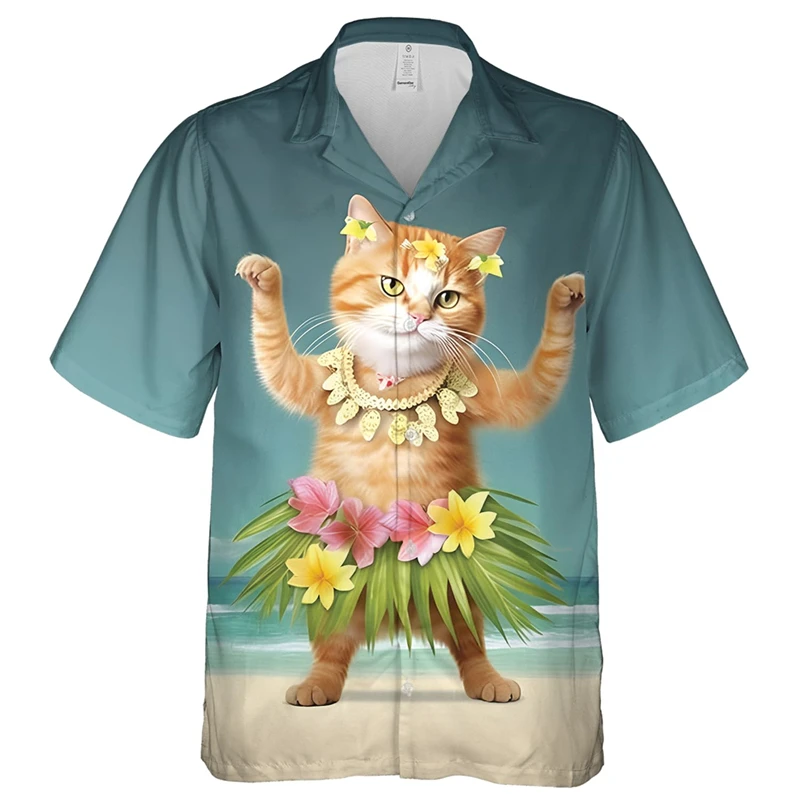 Kemeja motif 3d kucing lucu hewan blus kasual lengan pendek Fashion Hawaii Atasan Pria kucing berkancing sebaris