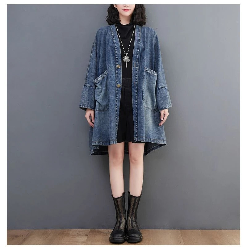 Women's Autumn Spring Top Trench Coat Coat Denim V-neck Pocket Plus Size Comfortable Casual Design Fashion Soft Niche Versatile