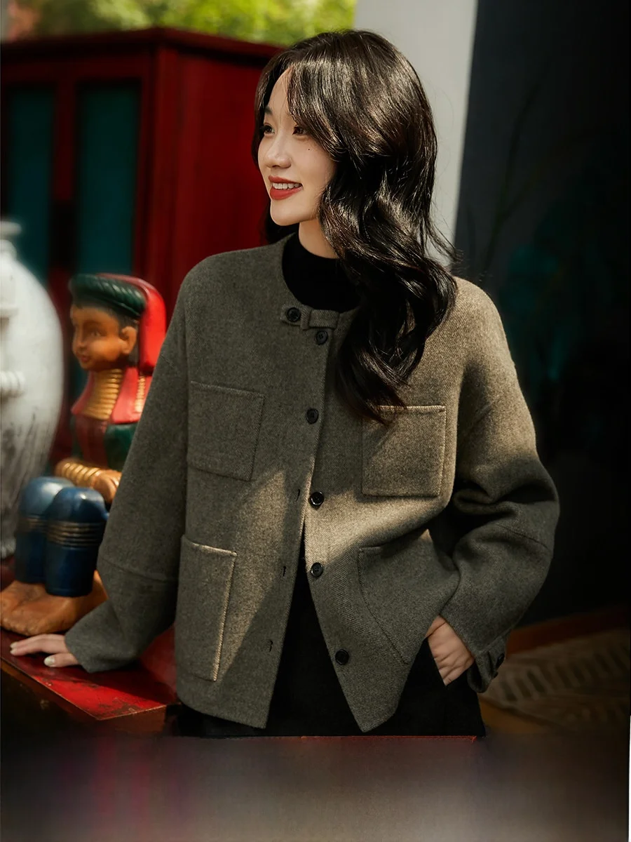 

Женское двустороннее шерстяное пальто Xhange с круглым вырезом, однотонное, осеннее, новая модная коллекция, с четырьмя карманами