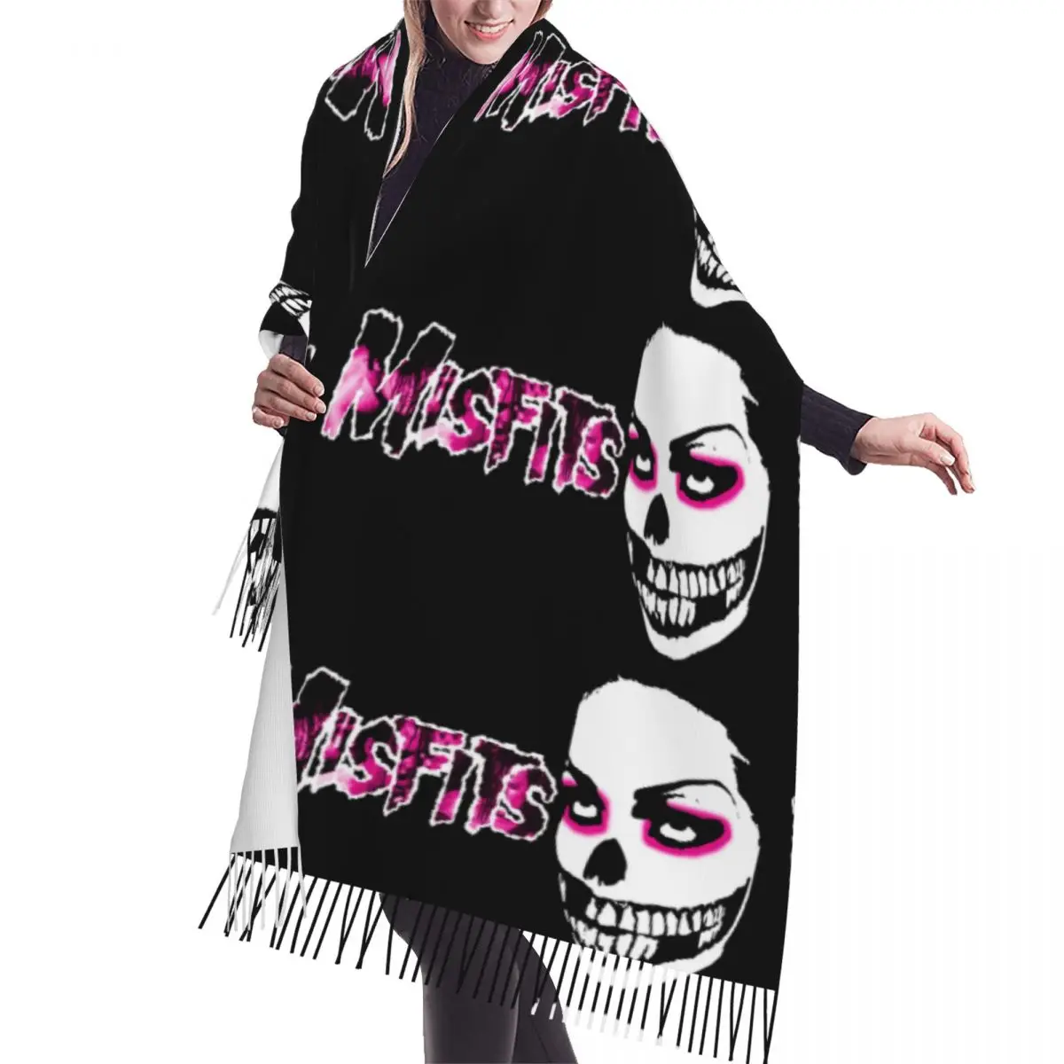 

Custom Rock Punk Band Misfits Skull Face Scarf Wrap Women Long Winter Fall Warm Tassel Shawl Unisex Heavy Metal Scarves