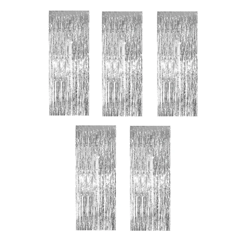 B03C-Silver Foil Tassel Curtains, Silver Photo Booth Backdrop Streamer Curtains, Great For Holiday Decoration