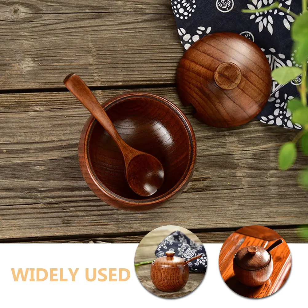 

Wooden Seasoning Spice Container with Porcelain Condiment Container Lid Spoon Salt Sugar Storage Canister Kitchen Tool