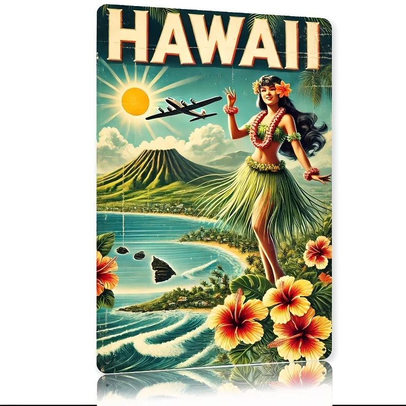 Vintage Hawaii Strand Metallschild (7,8x11,8 Zoll) - Retro Tropische Dekoration mit Hula-Tänzerin & Flugzeug, für Zuhause/Küche/Esszimmer
