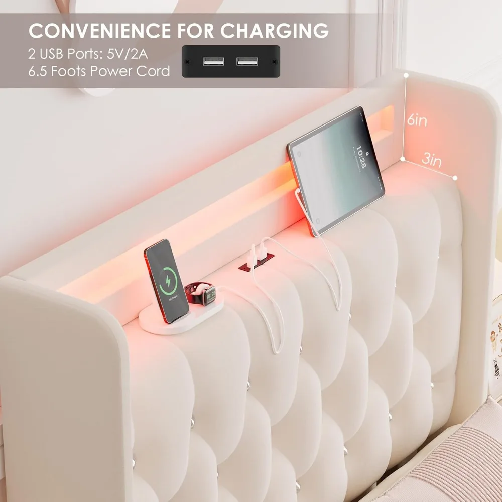 Upholstered Twin LED Bed Frame with Charging Station Headboard , Velvet Crystal Button-Tufted  Twin Size Platform Bed Frames