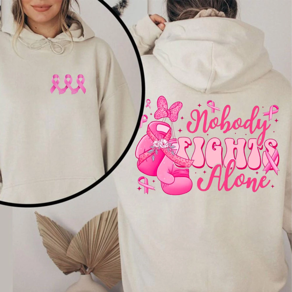 Cancer Support Hoodie Nobody Fights Alone Breast Cancer Awareness Pink Ribbon Boxing Gloves Bow Men Women Long Sleeve Sweatshirt