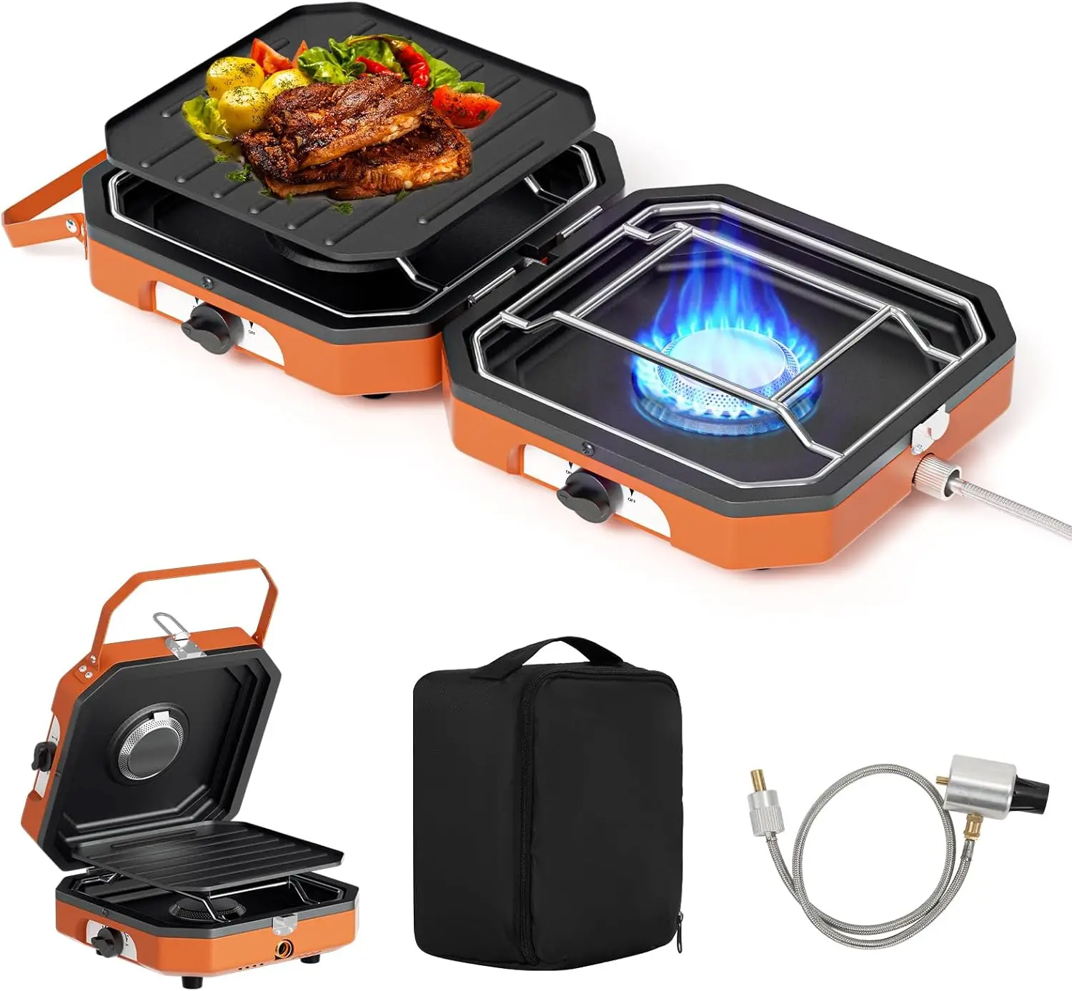 

Adjustable 2 Burner Popane Stove with 16000 BTU, Flameout Protection, with Camping Grill and Carrying Bag, Portable Camping Stov