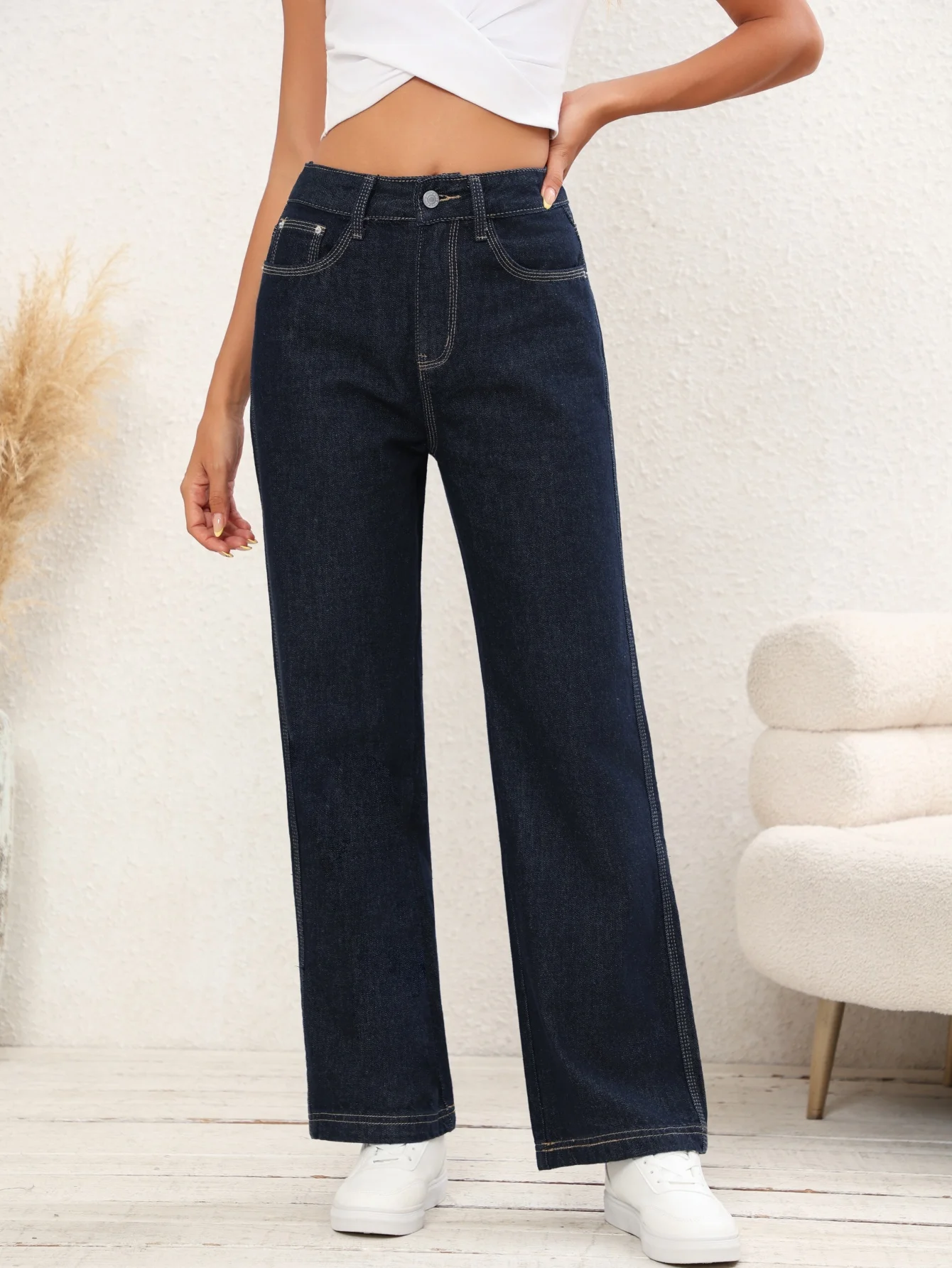 

Dark blue high waist wide leg jeans, non-fading fabric, narrow straight pants, casual fashion, versatile jeans for all seasons