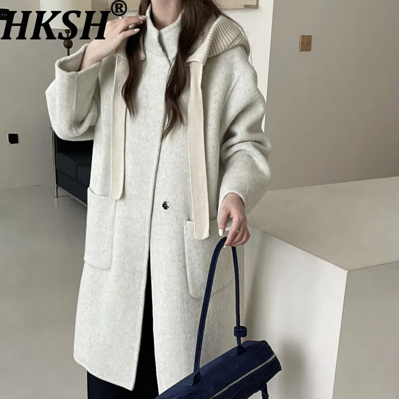 

HKSH Autumn Winter New Woman Double-sided Woolen Jacket Detachable Knitted Hat Stand Collar Pocket Elegant Chic Overcoat HK15040