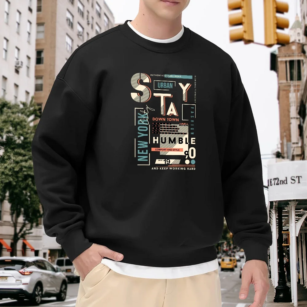 

Men's Black Crew Neck Loose Sweatshirt, Retro Letter Print Trendy Top, Street Casual Versatile Style, Comfortable Everyday Streetwear Pullover