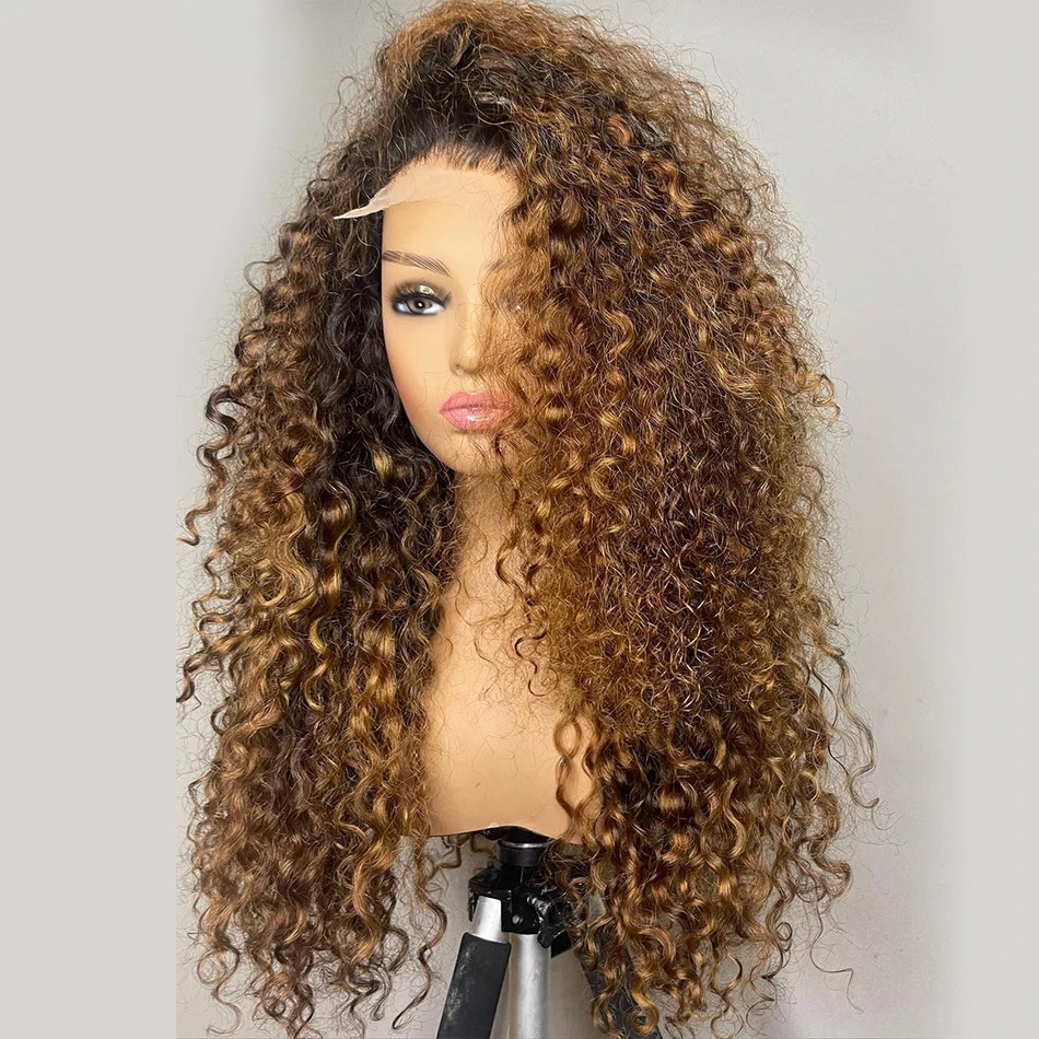 

Long Soft 26“Ombre Blonde Brown Kinky Curly180Density Lace Front Wig For Black Women BabyHair Glueless Preplucked Heat Resistant