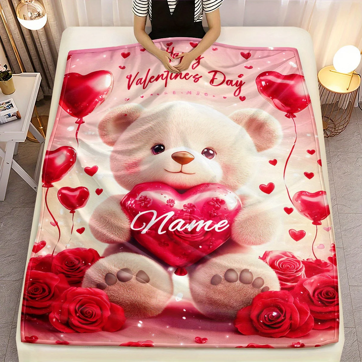 Personalized Valentine's Day Teddy Bear Blanket - Soft flannel blanket with heart-shaped balloons and roses, personalized name r