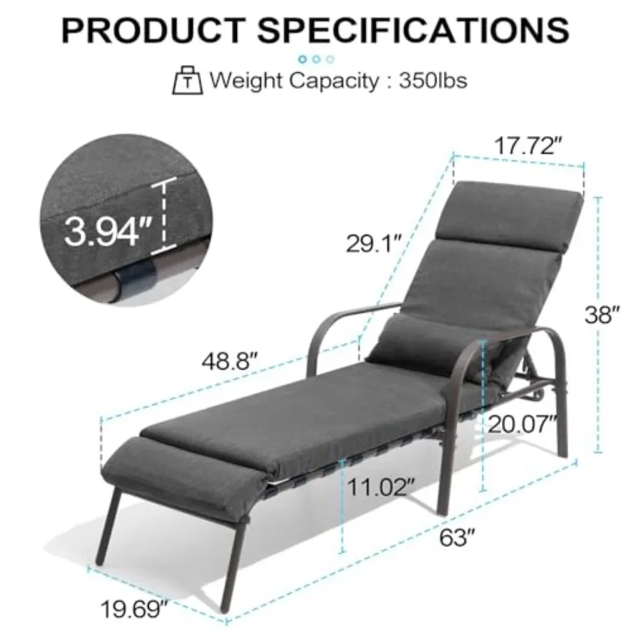 Outdoor lounge chair with cushion and pillow for poolside use, dark gray polyester fabric, weather-resistant and UV-protected