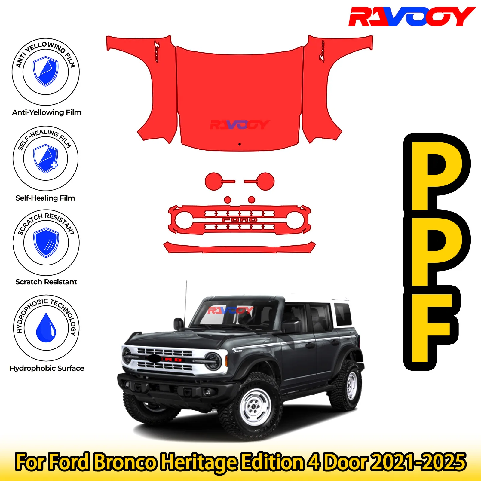 

For Ford Bronco Heritage Edition 4 Door 2021-2025 Glossy Matte Black Precut front PPF Kit Paint Protection Film