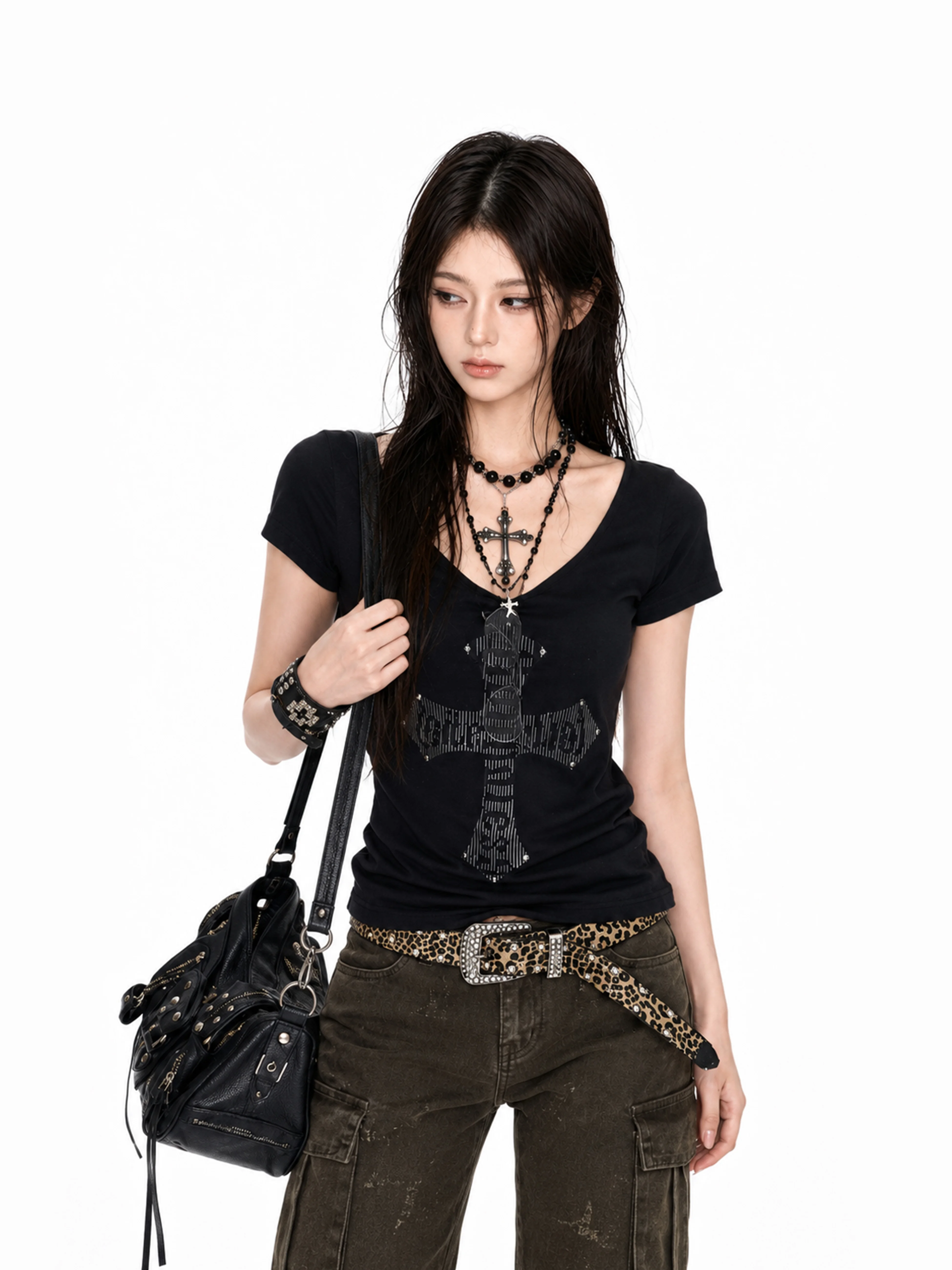 Slim Fit Short Sleeve T-Shirt Women's U-Neck Crossbody Gothic Top American Retro Style Cotton Polyester Summer Cool Wind