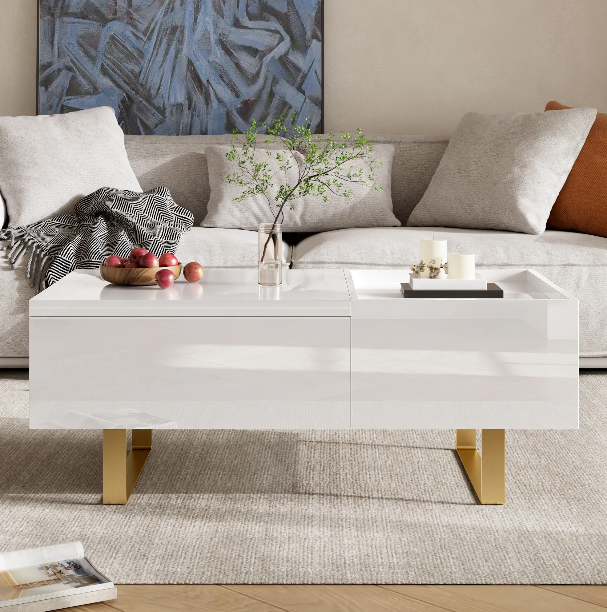 Table basse en MDF blanc à hauteur réglable avec surface brillante, tiroir et pieds en métal doré en forme de U, 100x50x54,5 cm