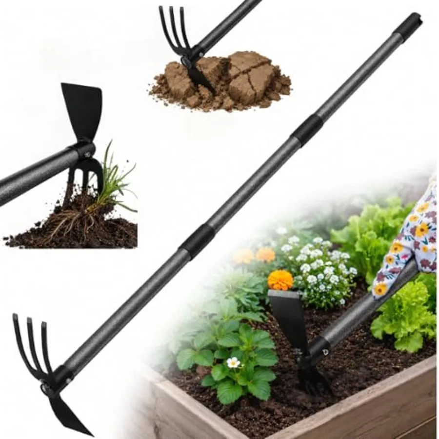 

Garden Hoe with 3-Tine Cultivator Rake, 2-In-1 Carbon Steel Sharp Weeding Tool with 60"Long Handle For Weed Removal, Soil Loose