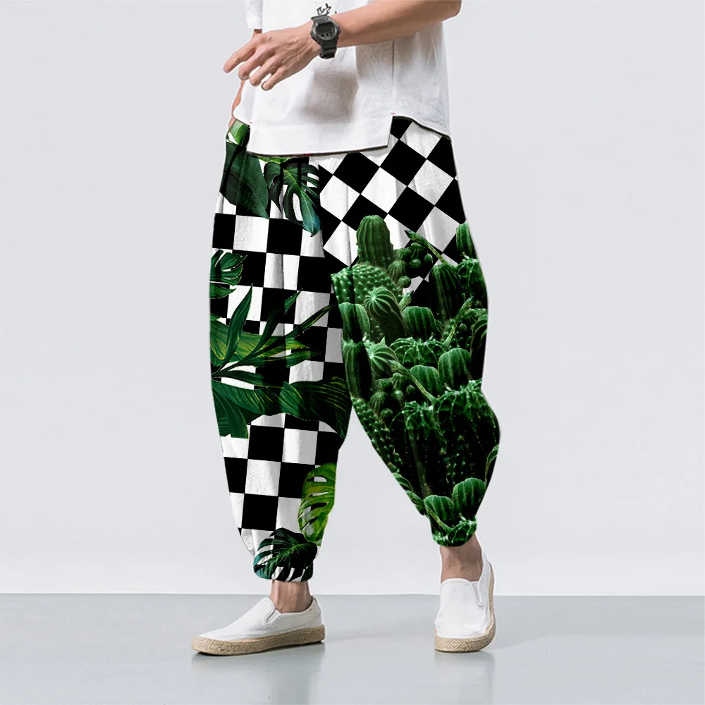 Black and White Go Ice Silk Satin Men's Pants Stripe Stitching Chinese Style Pants Plain Satin Tai Chi Beach Pants