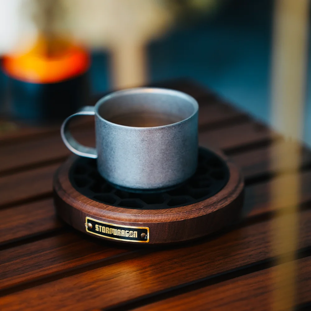 Outdoor Camping Coaster Coffee Cup Mat with Black Walnut Wood Base + Silicone Inlay Non-Slip and Heat-Resistant