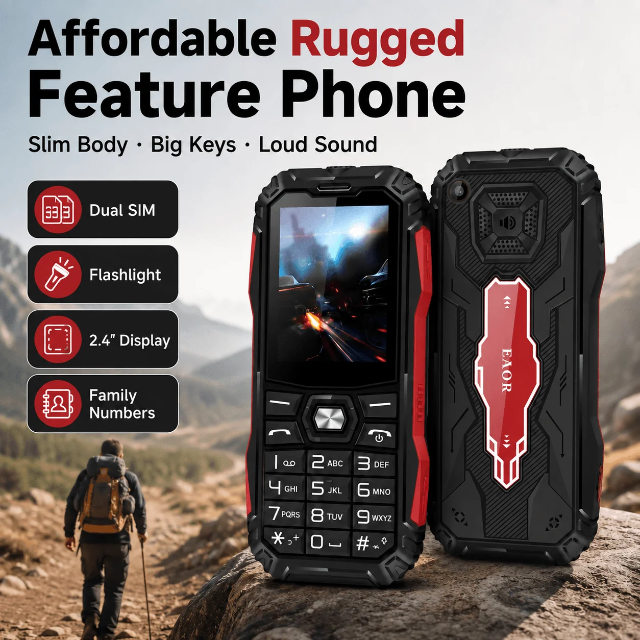 Rugged Style Feature Phone Dual SIM Big Button Loud Speaker Flashlight Long Standby Basic Mobile Phone for Seniors Outdoor Use