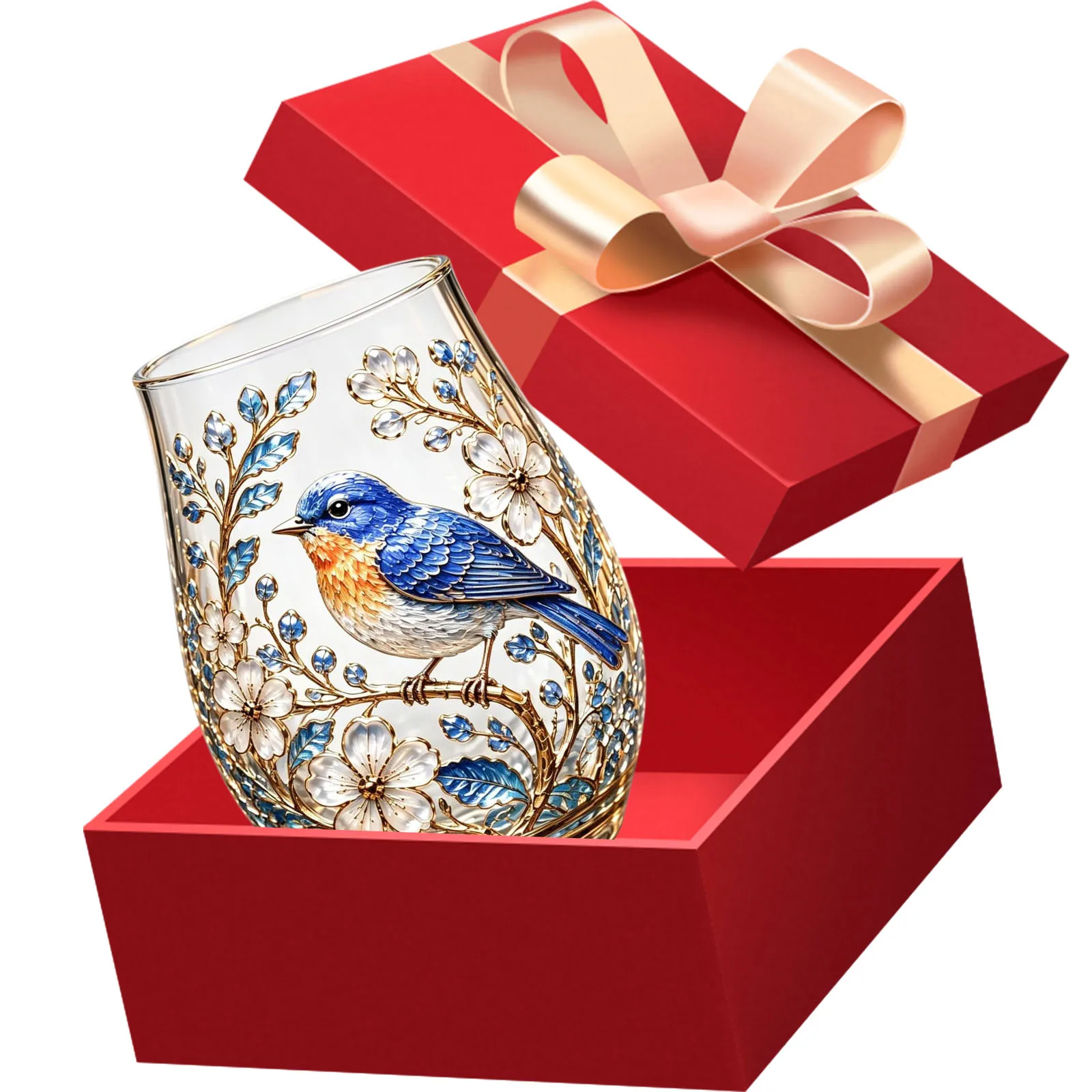 Lead-Free Glass Tumbler Bird Floral Print Gold Outline Rhinestone Embossed Vintage Decorative Cup