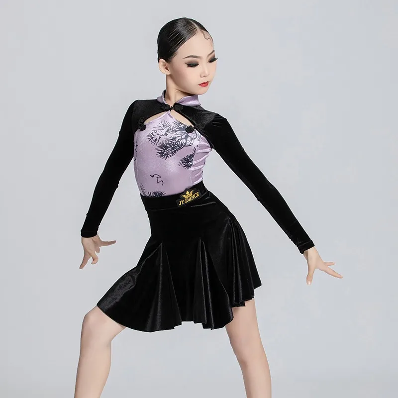 Tenue de danse latine pour filles, ensemble pantalon évasé en velours hiver et automne, pour spectacles chinoises, tenue de danse pour enfants