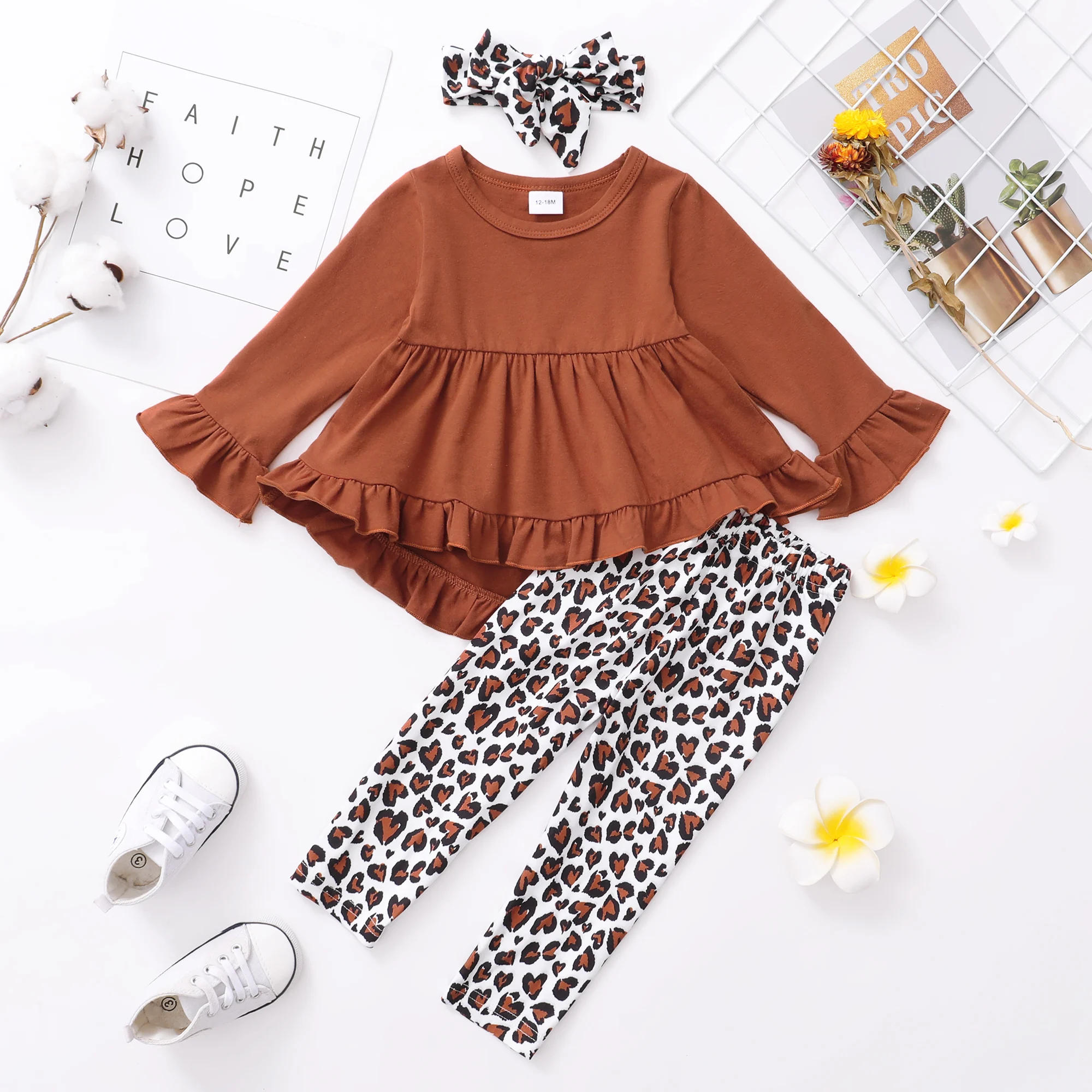 3pcs Baby Girl Clothes Toddler Girl Causual Outfit Ruffle Long Sleeve Shirt Leopard Print Pant Set Fall Winter Clothing For Girl