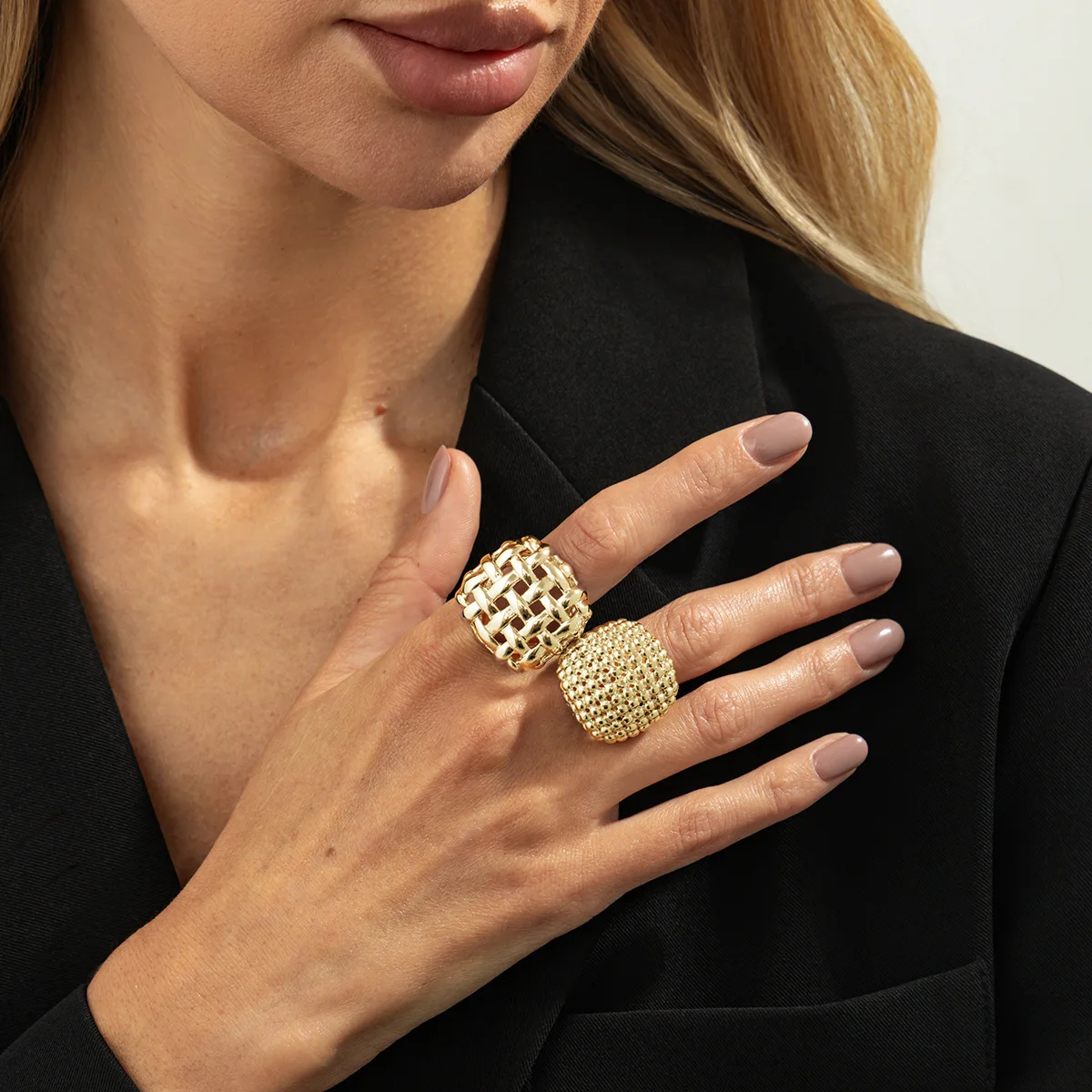 LATS 2Pcs/Set Luxury Metal Woven Spherical Open Rings for Women Vintage Irregular Chunky Knuckle Adjustable Ring Wedding Jewelry