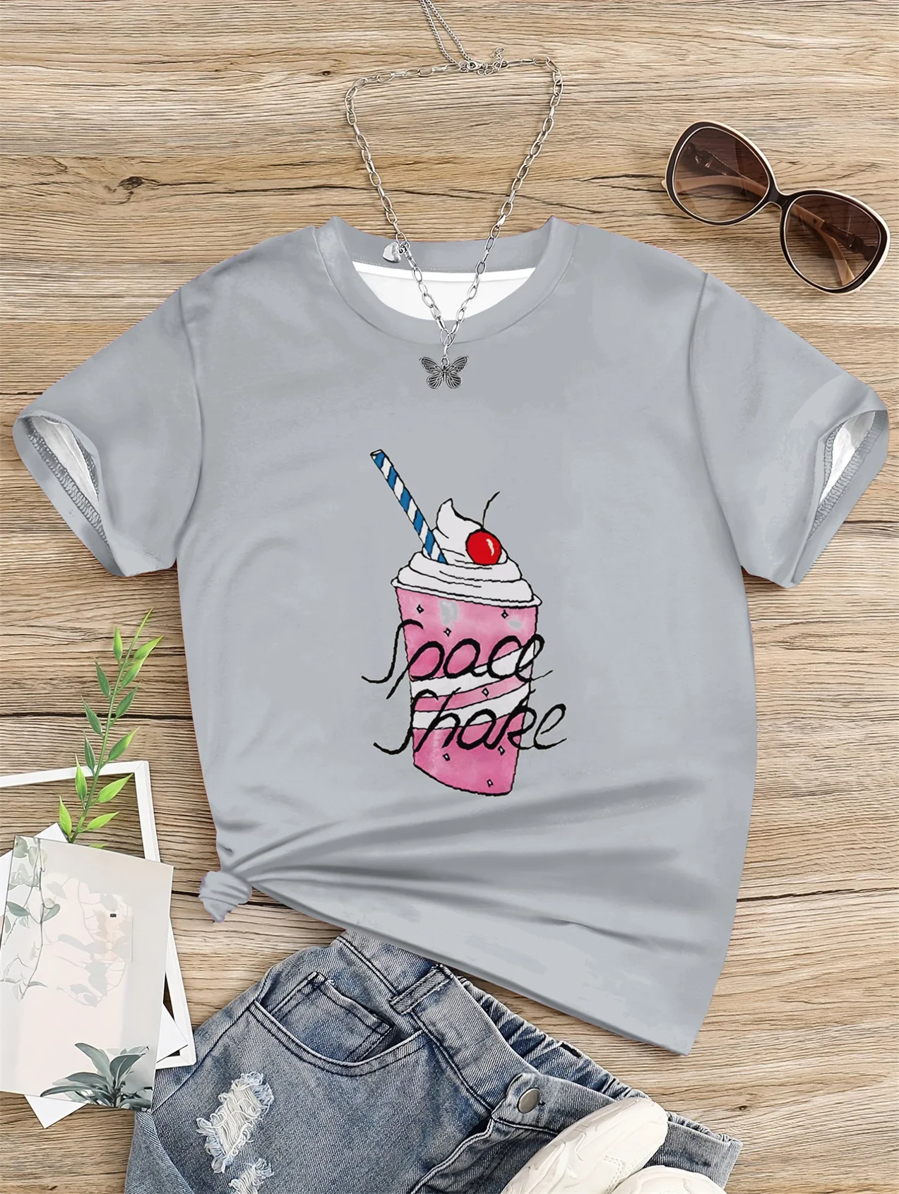 

5 To14 Years Girl Clothes Pink Space Shake Print Gray T-shirt Children's Clothing Kids Summer Short Sleeve Child Top T-shirts
