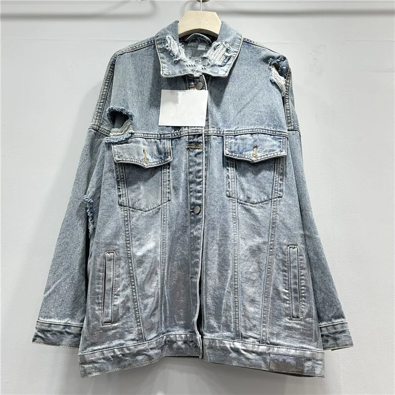 [ZOCI] Wind Autumn New Heavy Industry Broken Hole Gradient Brushed Silver Design Feel Loose Large Edition Denim Coat Trendy