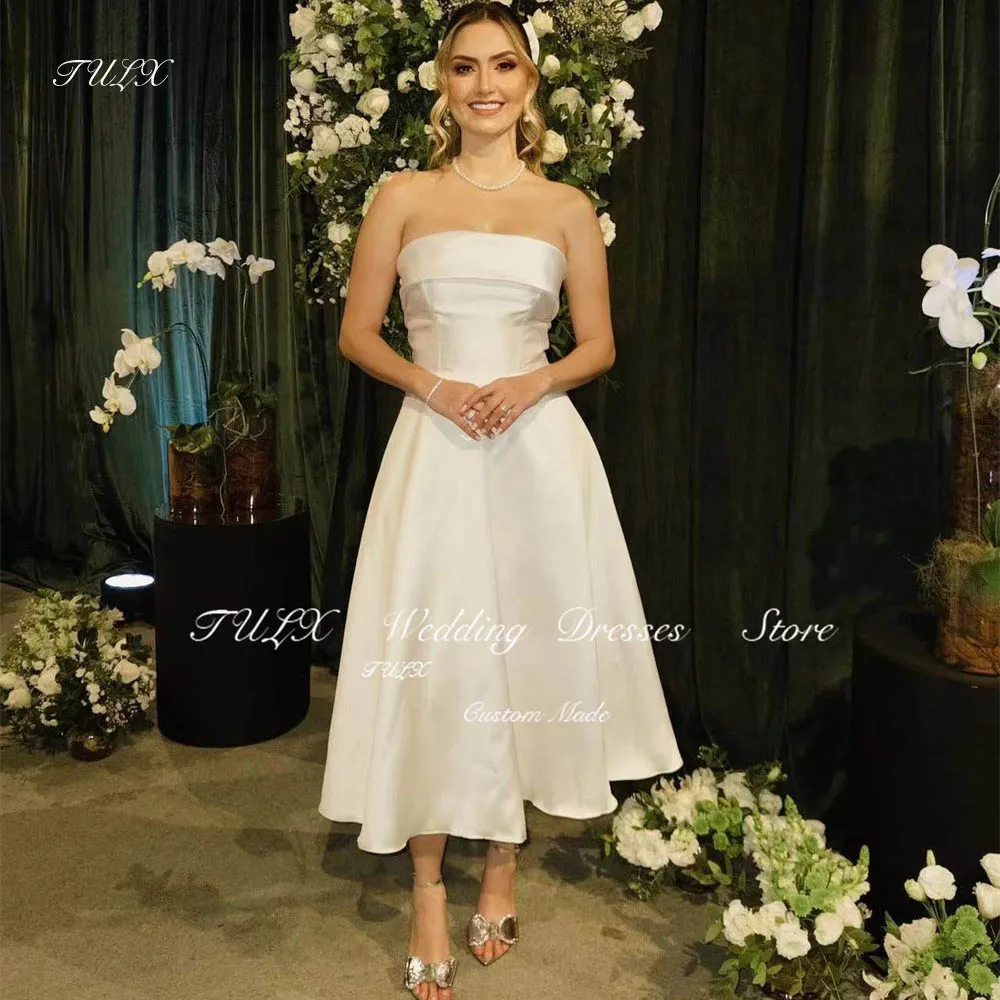 

TULX Simple Strapless Wedding Dresses Sleeveless Satin Bridal Gowns Tea-Length Long Robe de mariage Dubai Women Wedding Robe