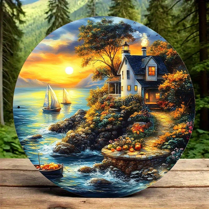 2D Flat Round Tin Sign 1pc 7.87x7.87 inch Sunset Lighthouse Lake Sailboat Scenery Metal Plaque Nature Home Wall Decor