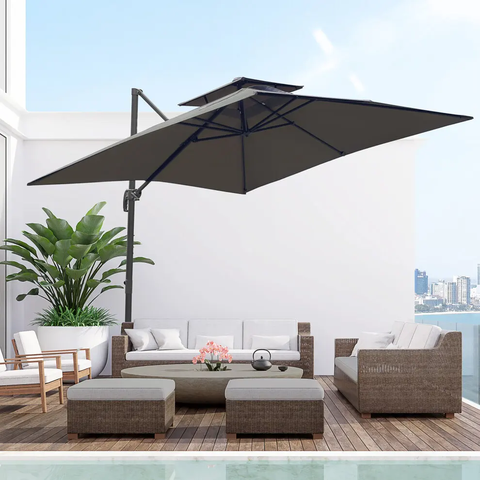 Roma Outdoor Double Top LED Marble Resin Base Patio Umbrella Sun Shade for Hotels & Parks Wood Pole for Gyms