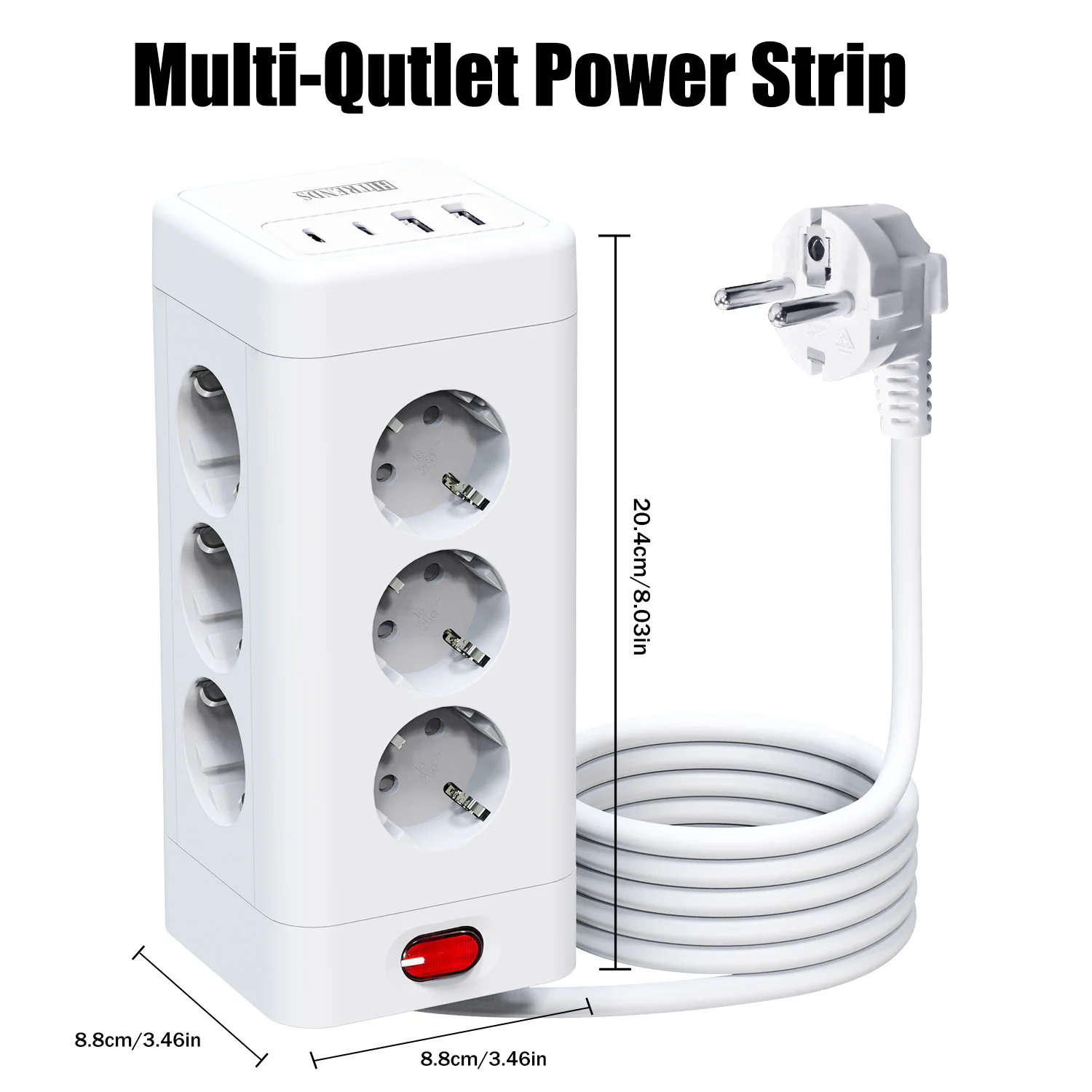 EU Plug Multi-Functional Power Board with 8/12 Power Socket, 2 USB-A and 2 USB-C Fast Charging Ports, 2-Meter Extension Cable