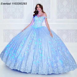 EVLAST Customized Blue Quinceanera Dress Ball Gown Lace Applique Beaded Crystal Off Shoulder Sweet 16 Vestido 15 De Años TQD249