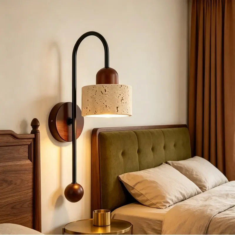 Vintage Black Curved Arm Wall Lamp Solid Wood Travertine Sconce for Bedroom Entrance Corridor Creative Medieval Decorative