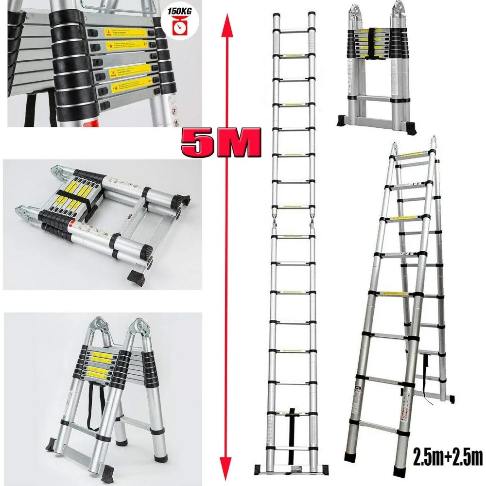 Scala telescopica in alluminio con telaio ad A con stabilizzatore, 16,5 piedi, piedini in gomma, supporta fino a 330 libbre, scala di estensione per carichi pesanti