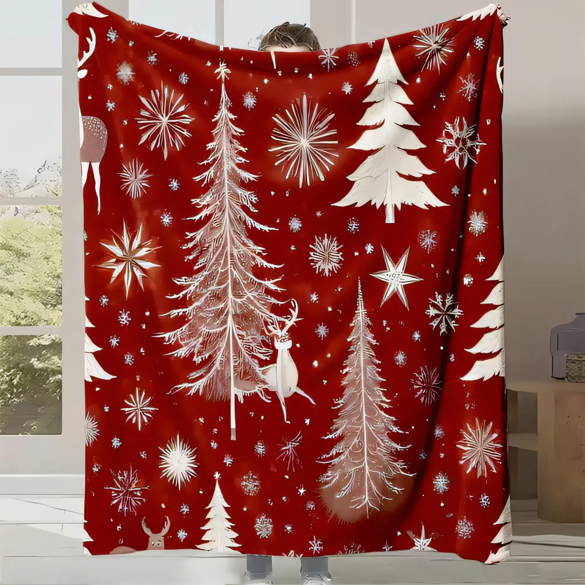 

Manta navideña roja festiva, forro polar suave con diseños de árbol blanco, renos y copos de nieve, perfecta para decoración