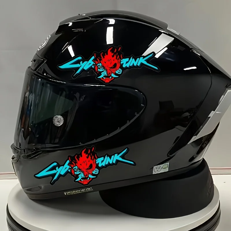 

2PCS/SET Red Cyberpunk Demon Helmet Stickers – Waterproof Blue Text Vinyl Decals for Auto & Motorcycle Styling