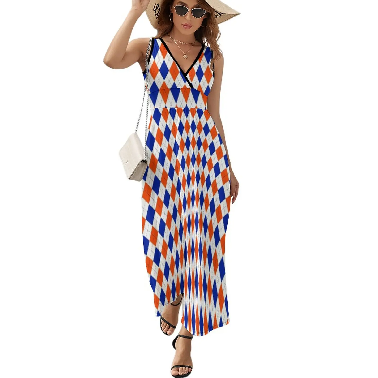 Orange and Blue Traditional Argyle All Over Print Sleeveless Dress dress for women wedding dresses for parties