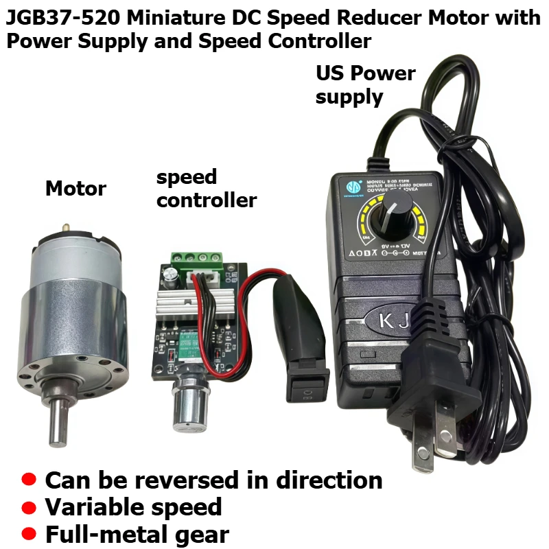 JGB37-520 Miniature DC Speed Reduction Motor Intelligent Robot 12V 24V Small Motor with Power Supply and Speed Controller