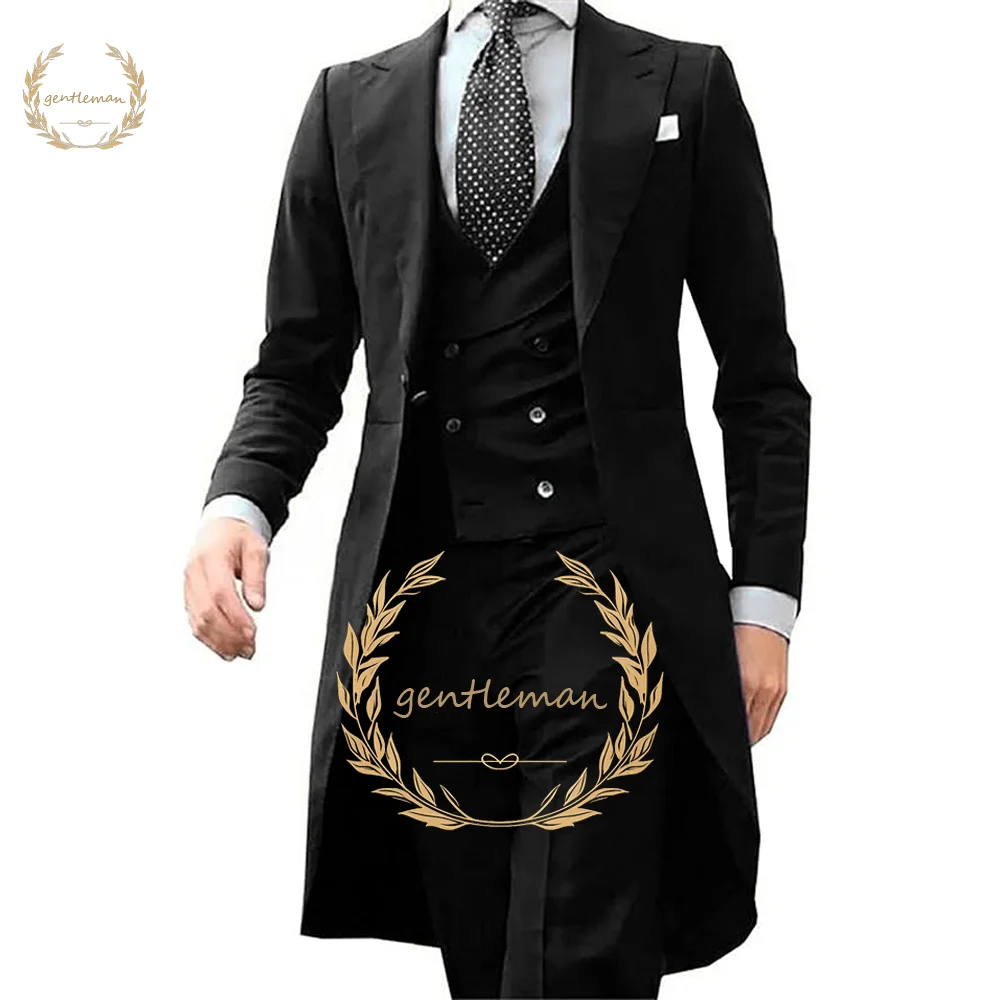 Men's Long Suit Jacket, Vest Trousers, 3-Piece Suit, Customized Business Office Blazer, Slim Casual Coat, Formal Suit