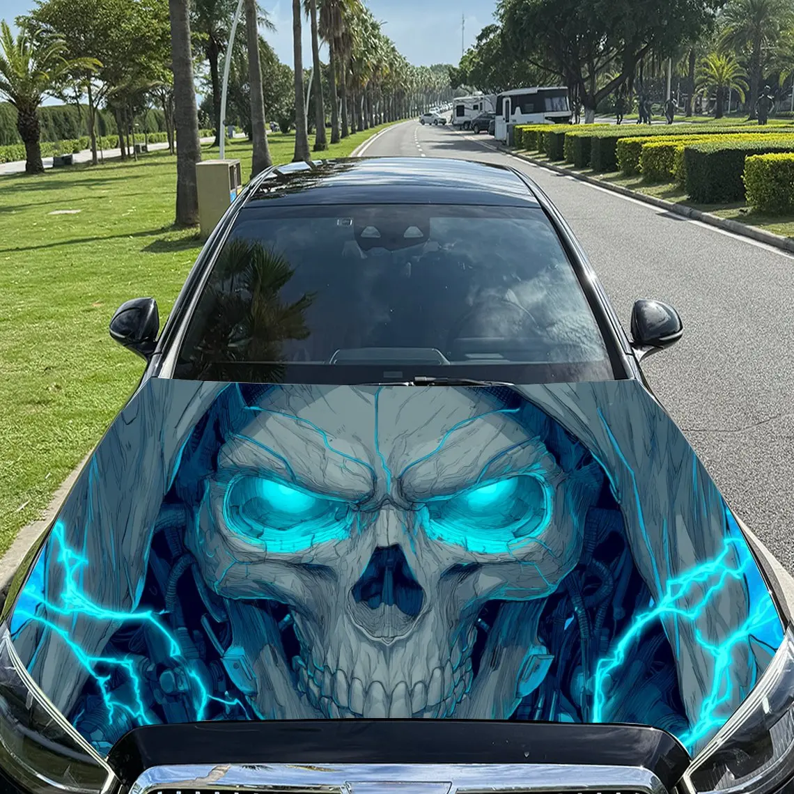

Mysterious Blue Lightning Skull PVC Car Engine Hood Vinyl Wraps, Self-Adhesive Waterproof Car Hood Decal Sticker, Car Decoration