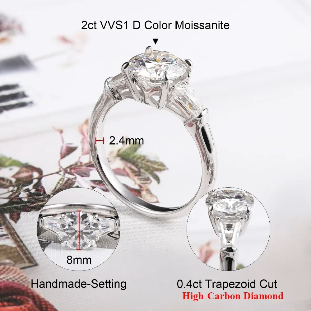 M-JAJA 2CT 3 Stone Moissanite Engagement Ring for Women 925 Silver with Side Stone Timeless Past Present Future Anniversary Gift