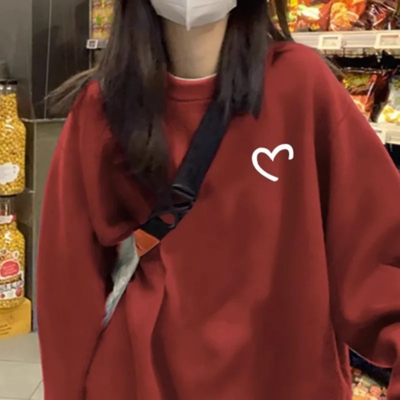 Sudadera con capucha informal holgada de terciopelo para mujer, abrigo de otoño e invierno, camisa básica de manga larga con cuello redondo en forma de corazón