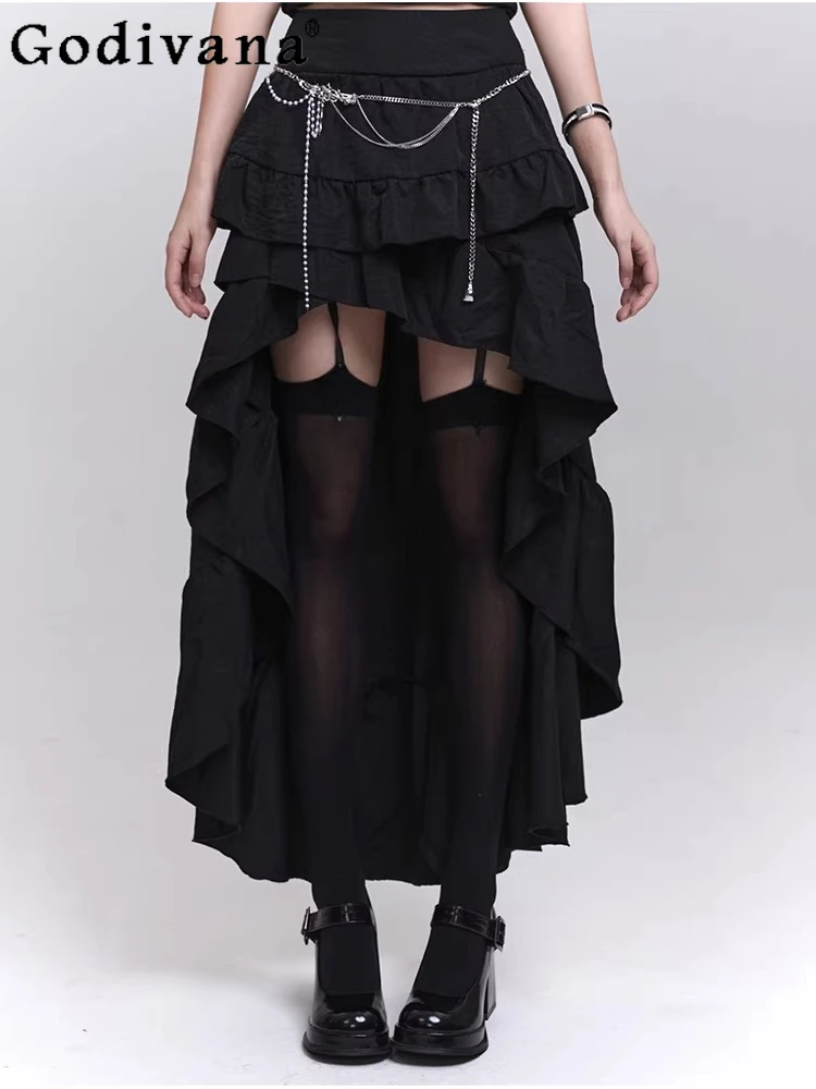 

Spring Summer New Punk Girl Black Sexy Ruffles Irregular Skirts Fashion High Waist A-line Versatile Age-reducing Street Skirts