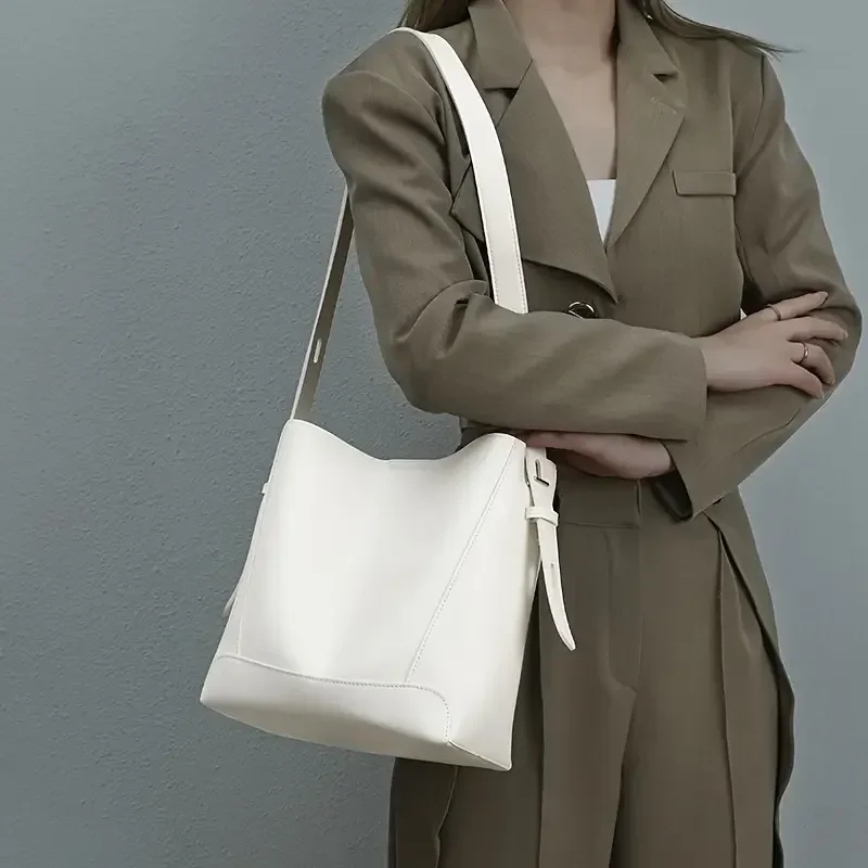 Retro Faux Leather Bucket Bag, Shoulder Bag With Adjustable Strap , Buckle Decor Tote Bag For Work