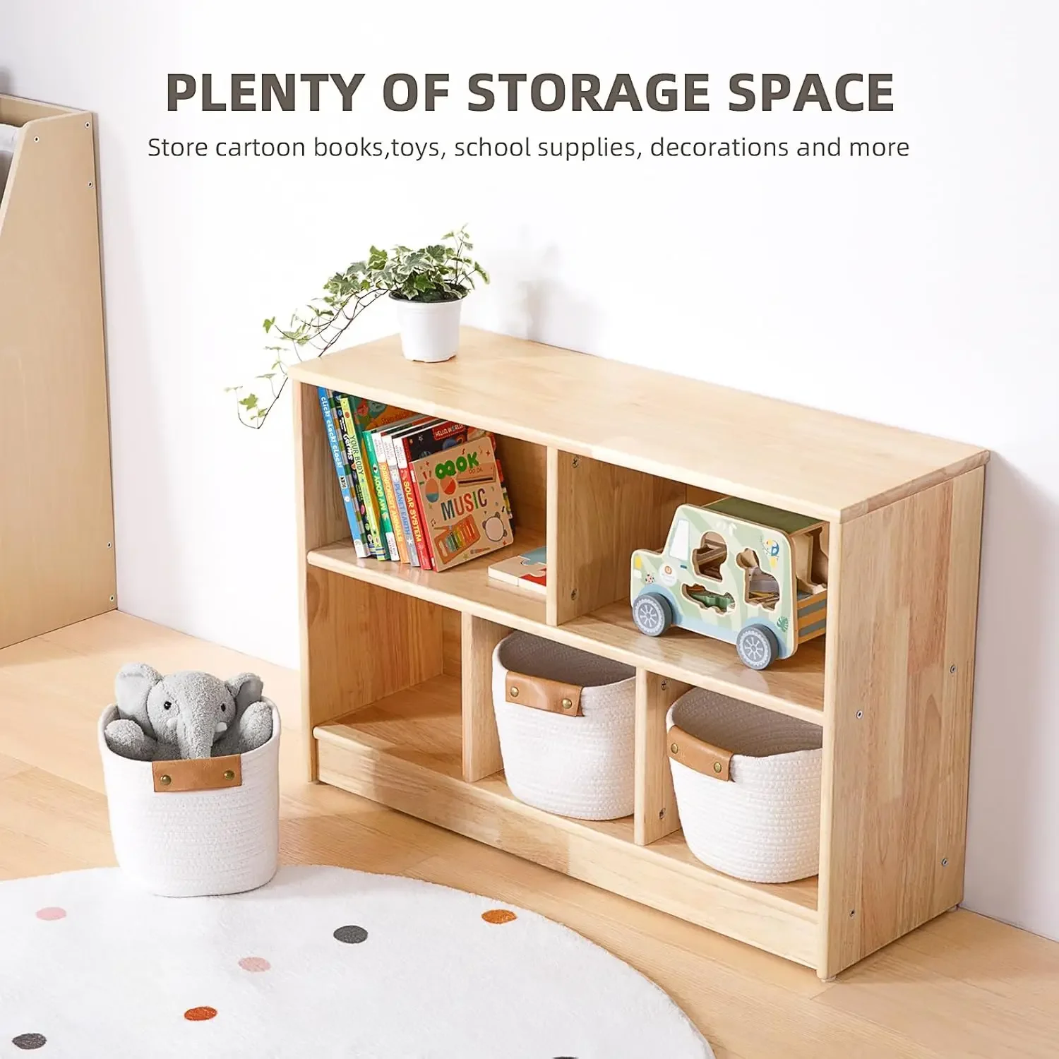 [سعر مخفض، حار بيع! ] رف مونتيسوري من الخشب المطاطي مكون من 5 أقسام، رف كتب للأطفال الصغار مقاس 35.4 بوصة، كابينة تخزين خشبية من طبقتين