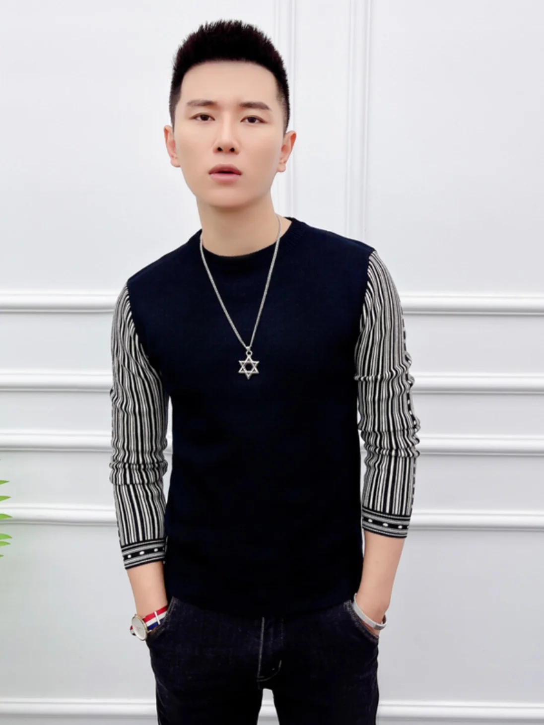 

Мужской облегающий вязаный свитер с круглым вырезом, модный, повседневный, с длинным рукавом, зимний, базовый, для ношения под одеждой