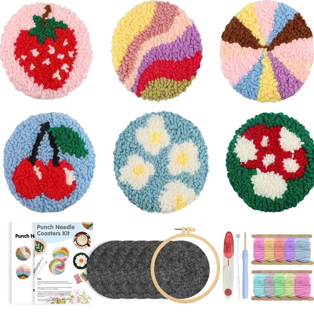 

Punch Needle Coasters Kit For Adults Punch Needle Embroidery Set 6 pcs Fruit Pattern DIY Craft Drink Cup Pad Home Decor