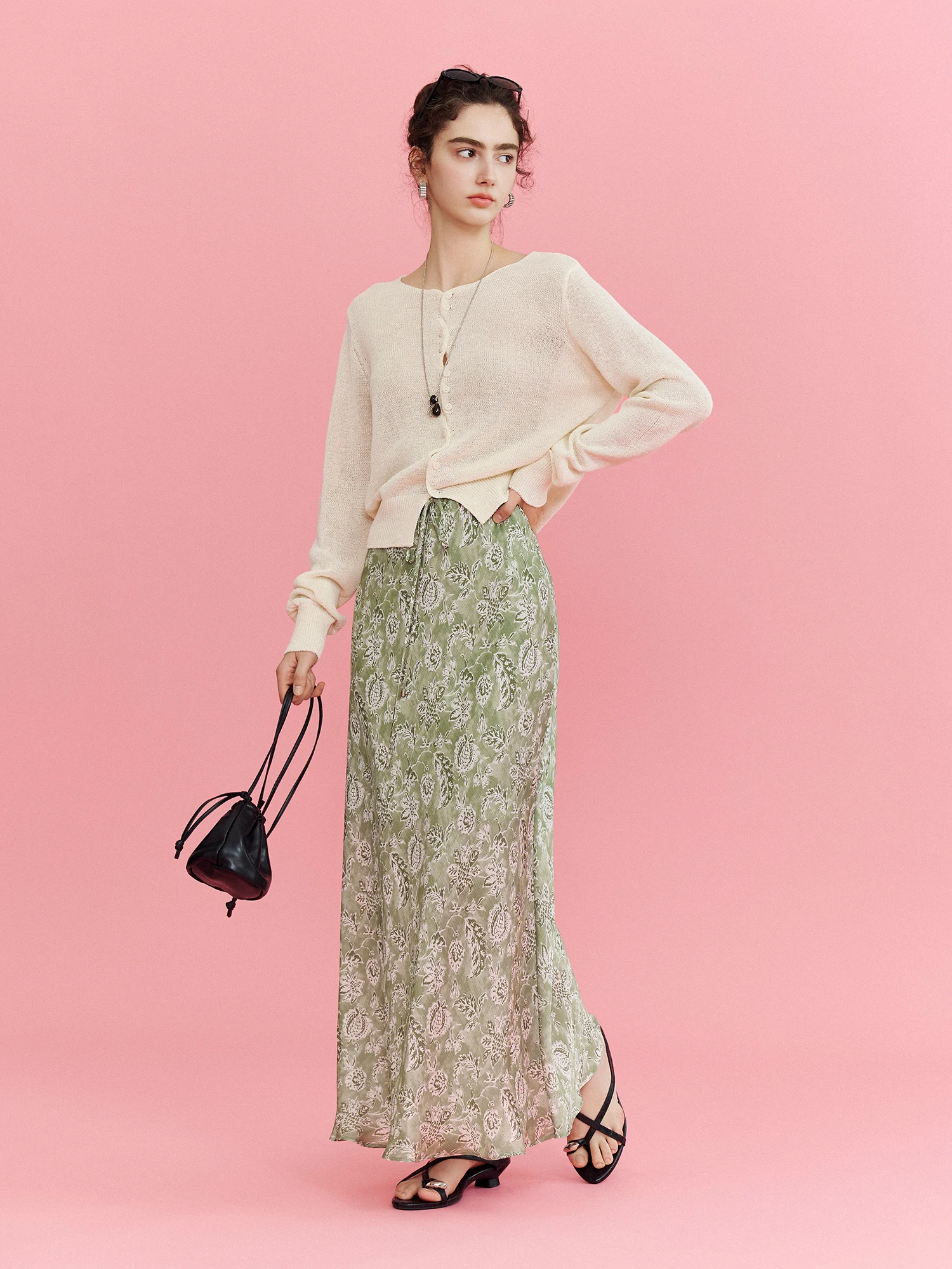 CLMX Pure Color Simple Commute Knitted Open Cardigan Lightweight Dry Paper Yarn Mixed Fabric Decorative Button Women's Sweater